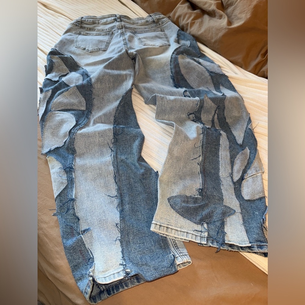 Custom Patchwork Light Wash Denim Jeans with Abstract Appliqué - Picture 7 of 7